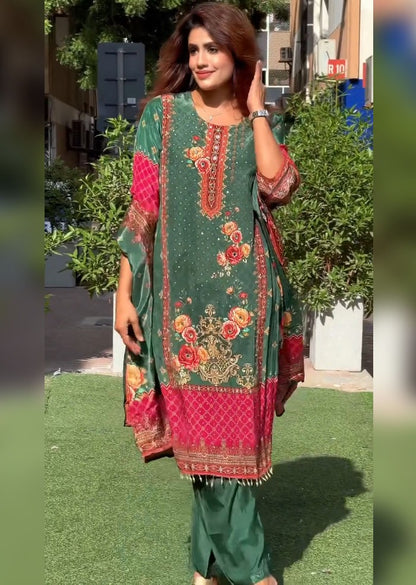 Green Pure Soft Muslin Print Heavy Thread Work Salwar Suit 