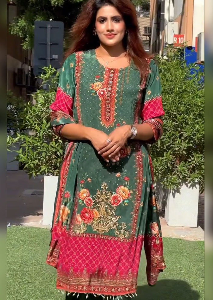 Green Pure Soft Muslin Print Heavy Thread Work Salwar Suit 