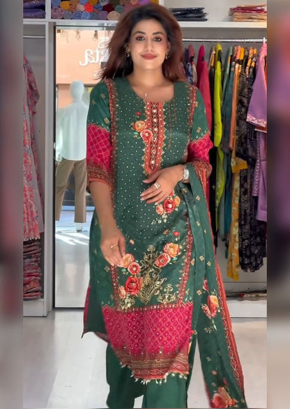 Green Pure Soft Muslin Print Heavy Thread Work Salwar Suit 