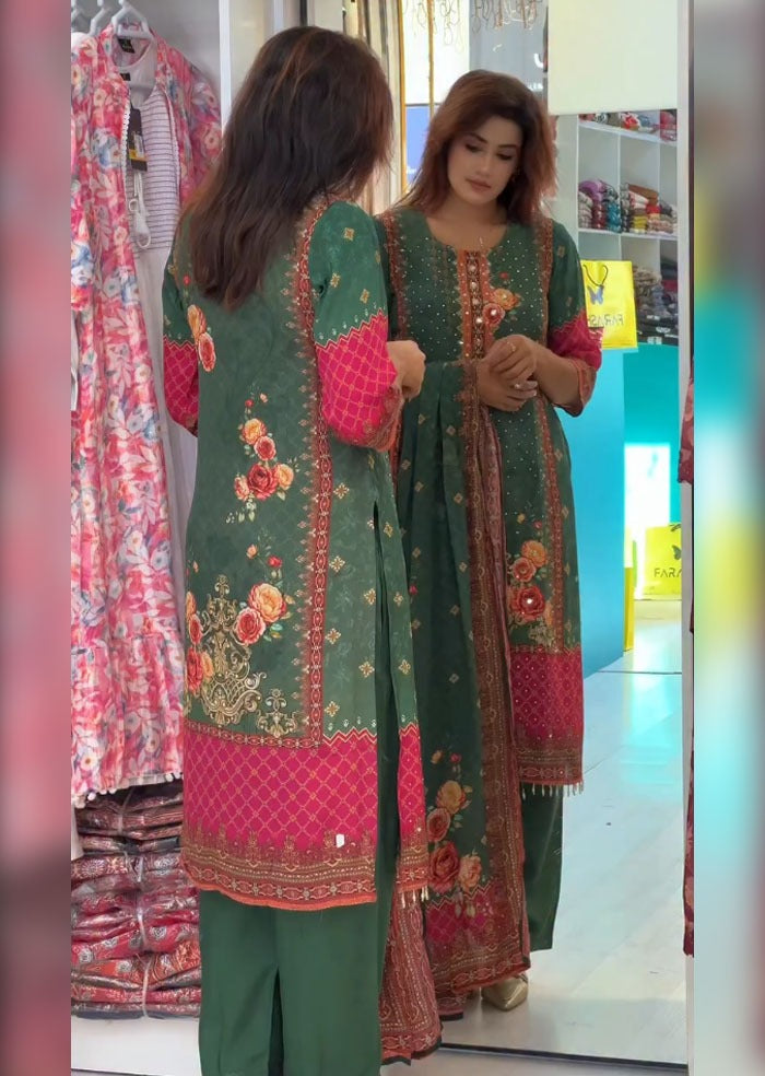 Green Pure Soft Muslin Print Heavy Thread Work Salwar Suit 
