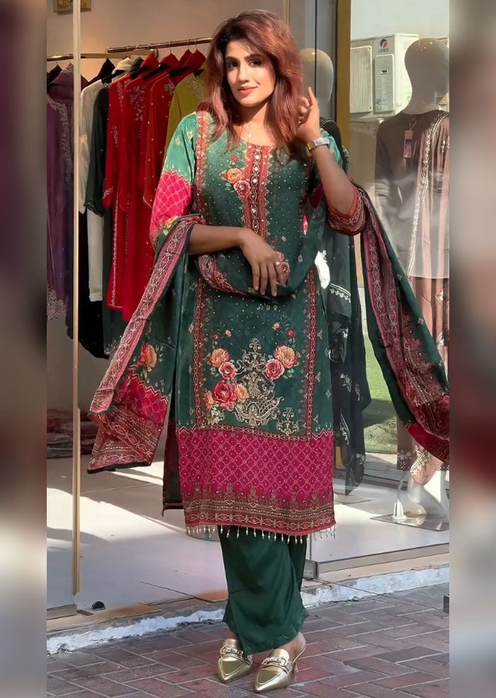 Green Pure Soft Muslin Print Heavy Thread Work Salwar Suit 