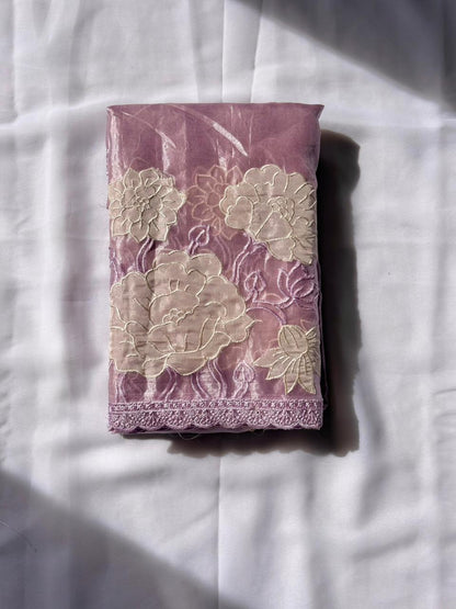 Lavender Pure Oris Silk with Lotus Embroidery &amp; Cutwork Border Saree 