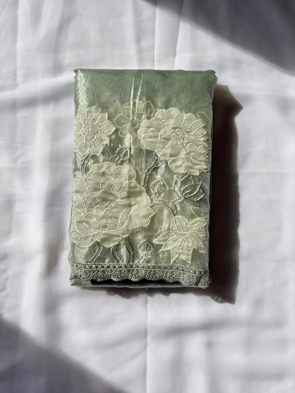 Grey Pure Oris Silk with Lotus Embroidery & Cutwork Border Saree