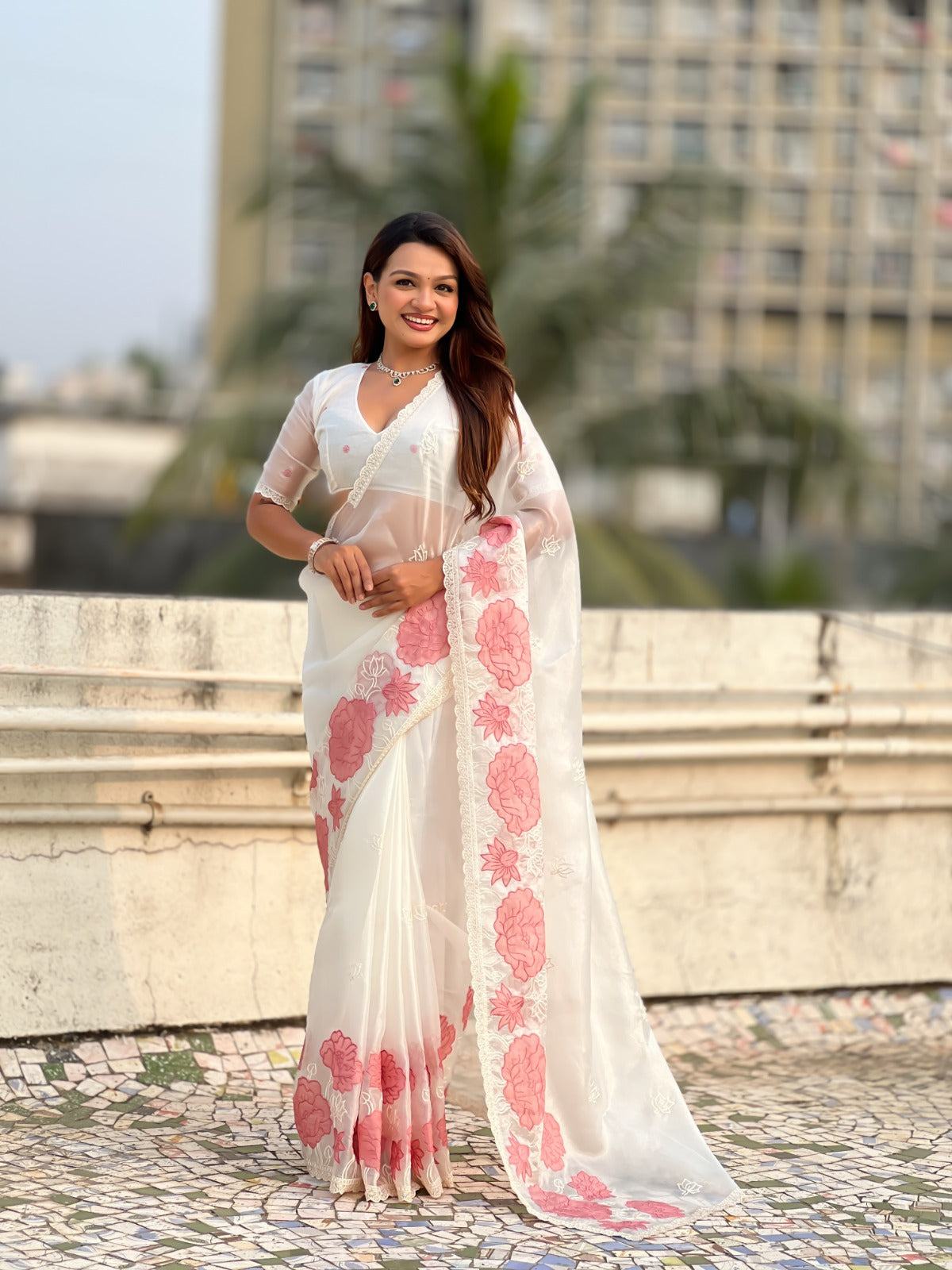 White Pure Oris Silk with Lotus Embroidery &amp; Cutwork Border Saree 