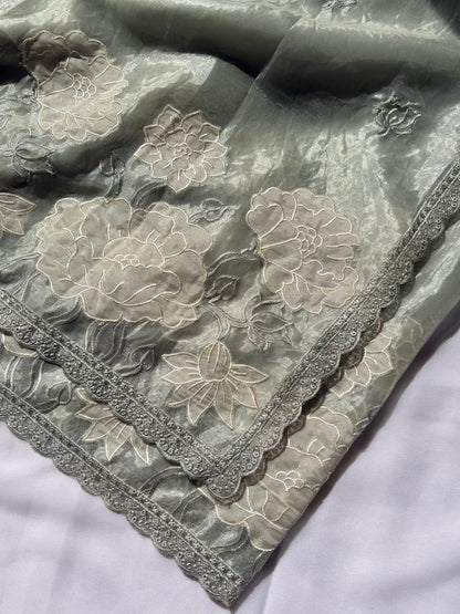 Grey Pure Oris Silk with Lotus Embroidery &amp; Cutwork Border Saree 