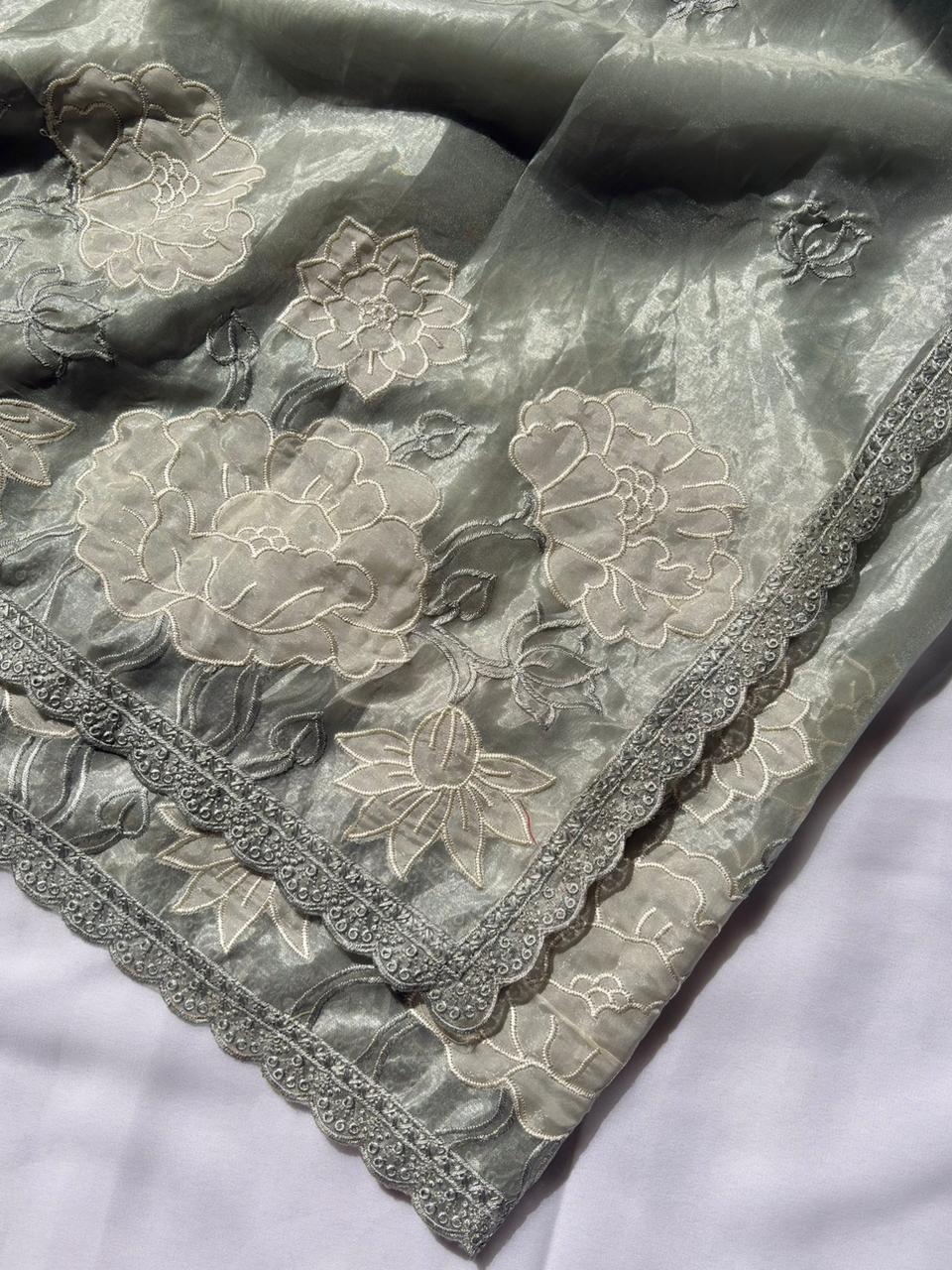 Grey Pure Oris Silk with Lotus Embroidery & Cutwork Border Saree