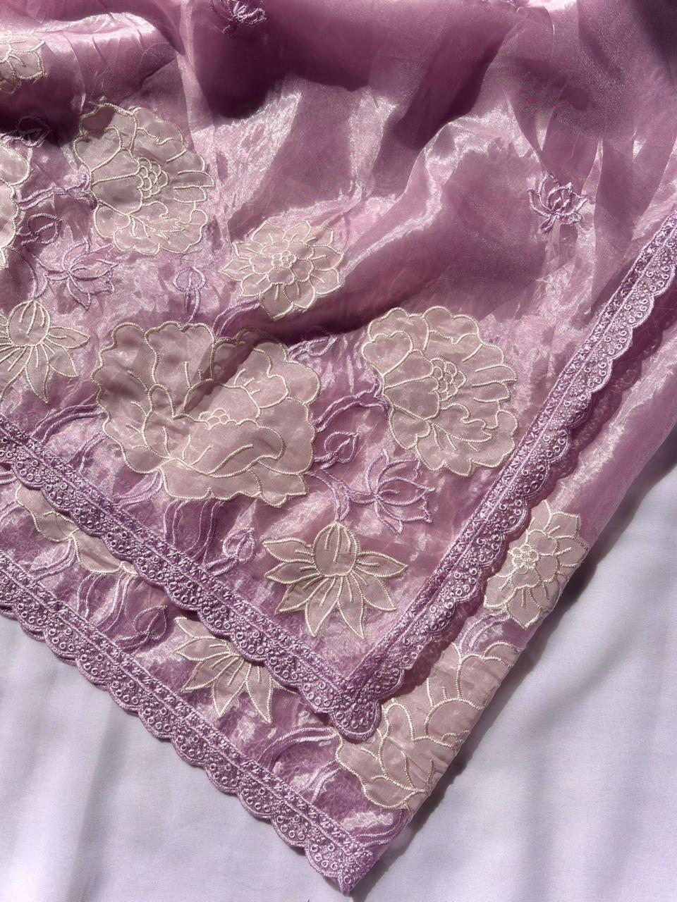 Lavender Pure Oris Silk with Lotus Embroidery &amp; Cutwork Border Saree 
