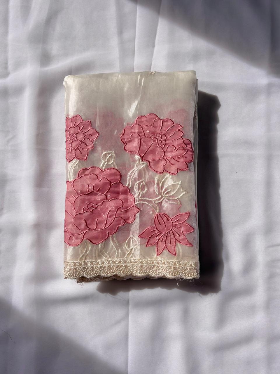 White Pure Oris Silk with Lotus Embroidery &amp; Cutwork Border Saree 