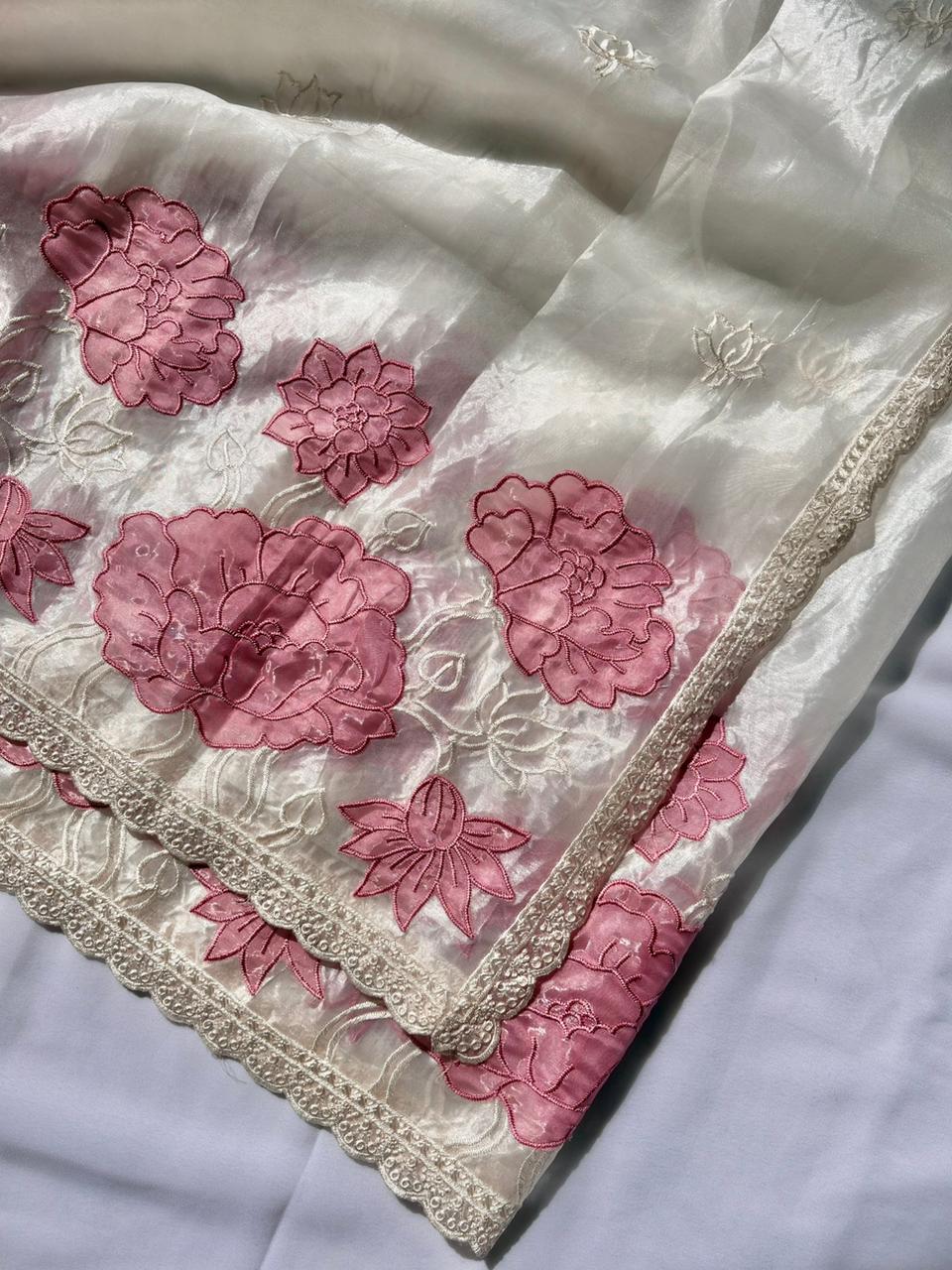 White Pure Oris Silk with Lotus Embroidery &amp; Cutwork Border Saree 