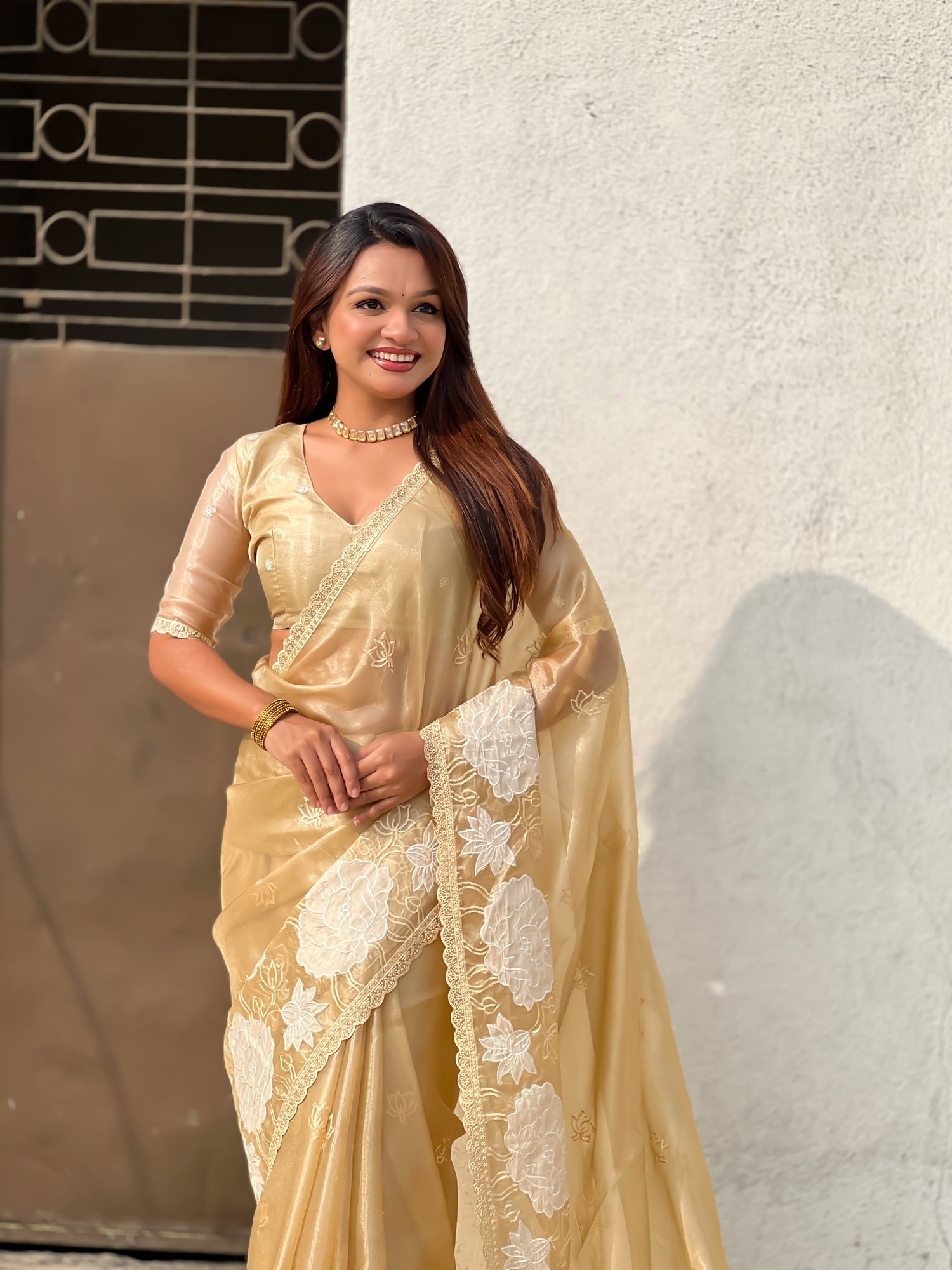 Yellow Pure Oris Silk with Lotus Embroidery &amp; Cutwork Border Saree 
