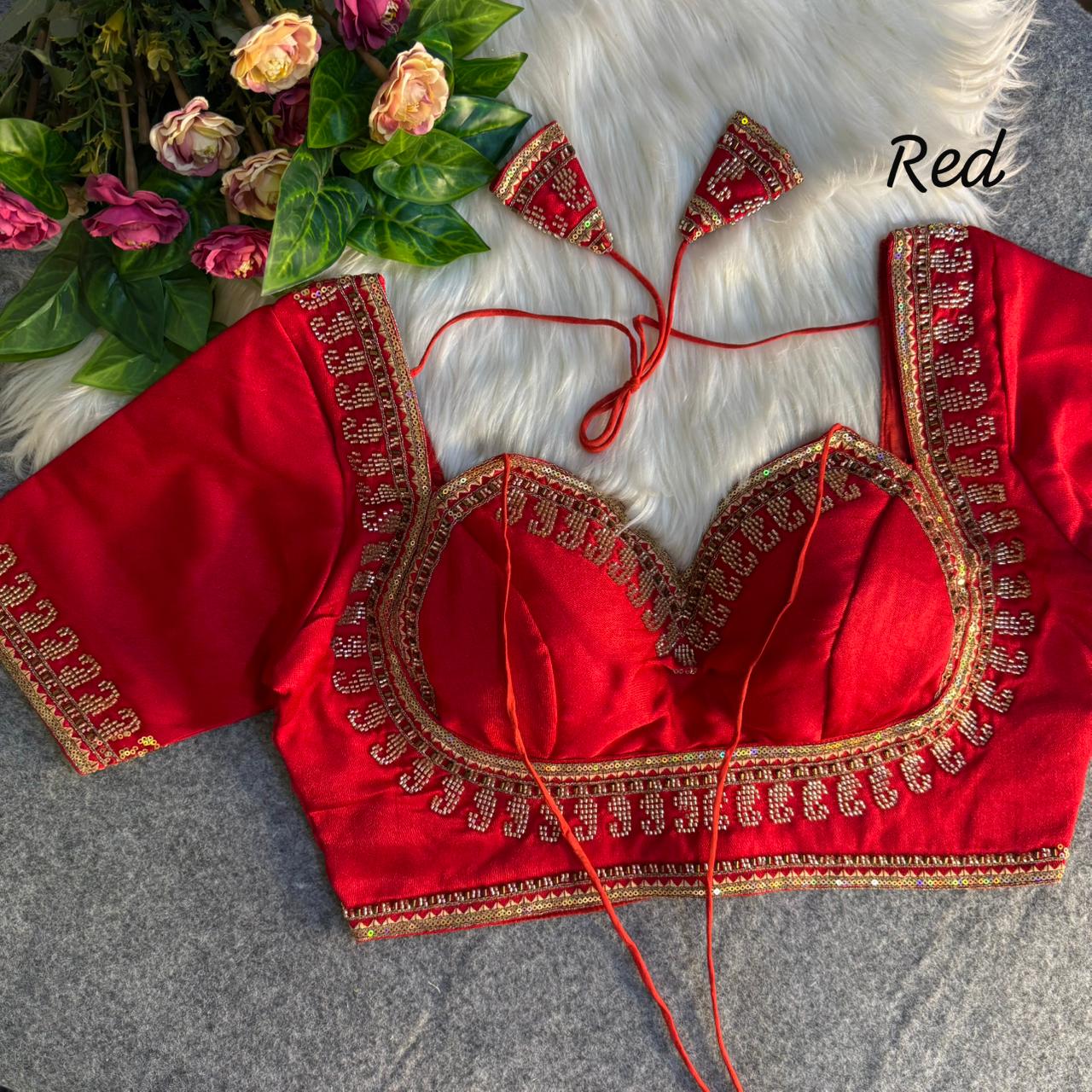 Readymade Pure Soft Italian Silk Beads Work Masaba Style Bridal Blouse ##color## Sleeveless Blouse with premium fabric and embroidery