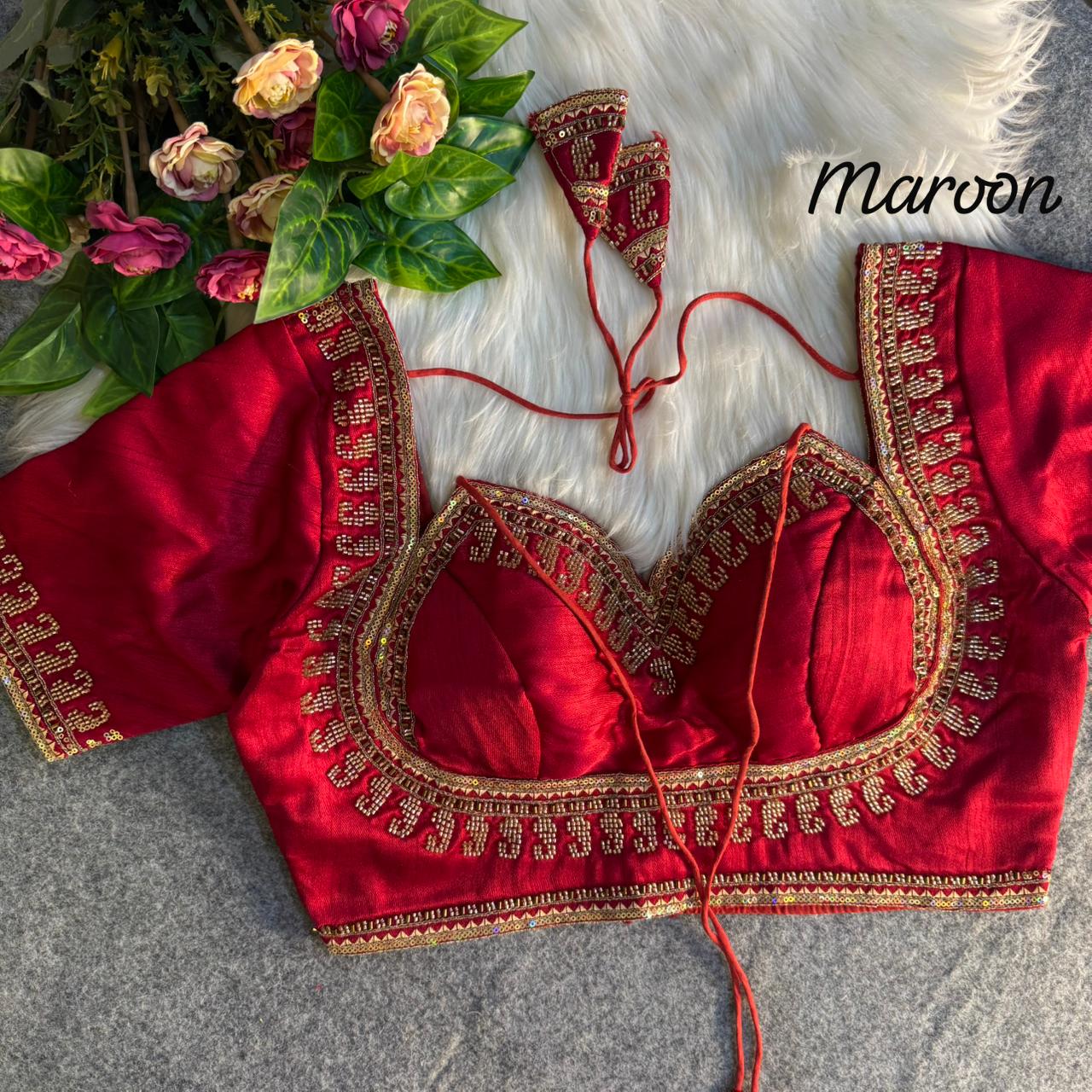 Readymade Pure Soft Italian Silk Beads Work Masaba Style Bridal Blouse ##color## Sleeveless Blouse with premium fabric and embroidery