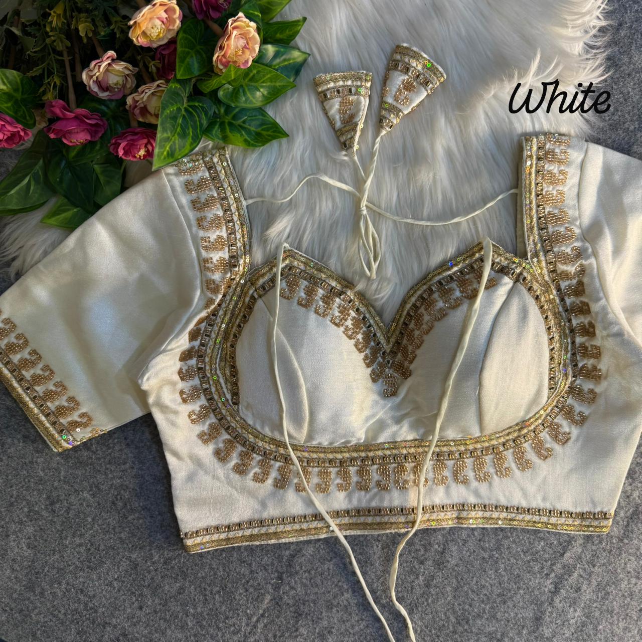 Readymade Pure Soft Italian Silk Beads Work Masaba Style Bridal Blouse ##color## Sleeveless Blouse with premium fabric and embroidery