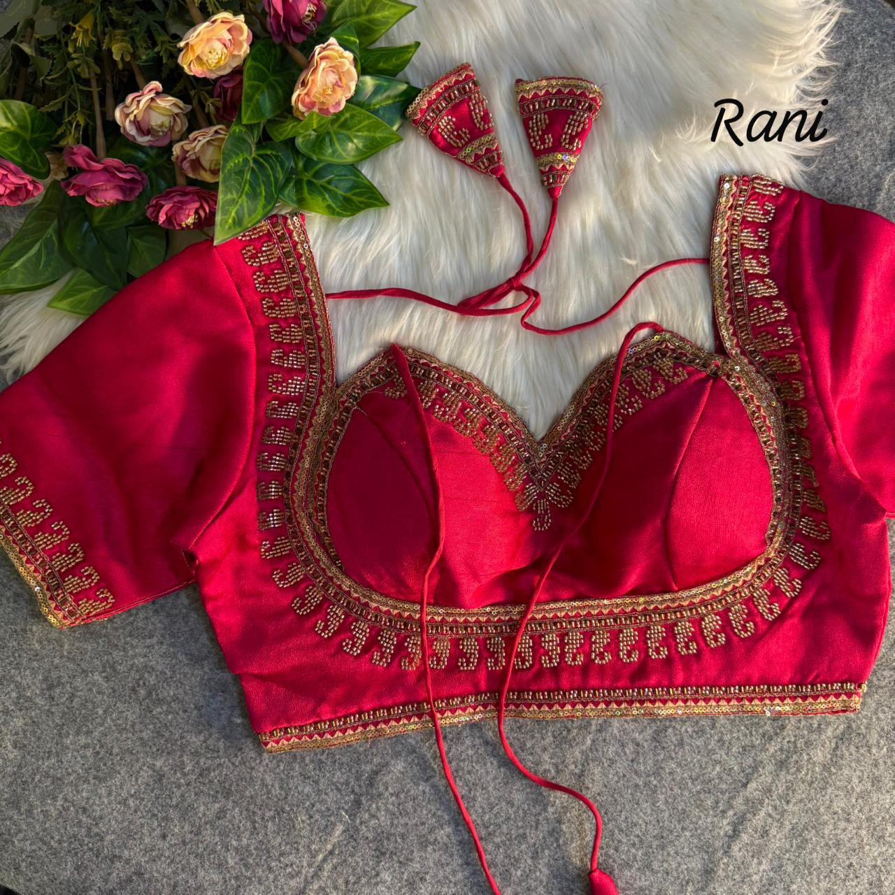 Readymade Pure Soft Italian Silk Beads Work Masaba Style Bridal Blouse ##color## Sleeveless Blouse with premium fabric and embroidery