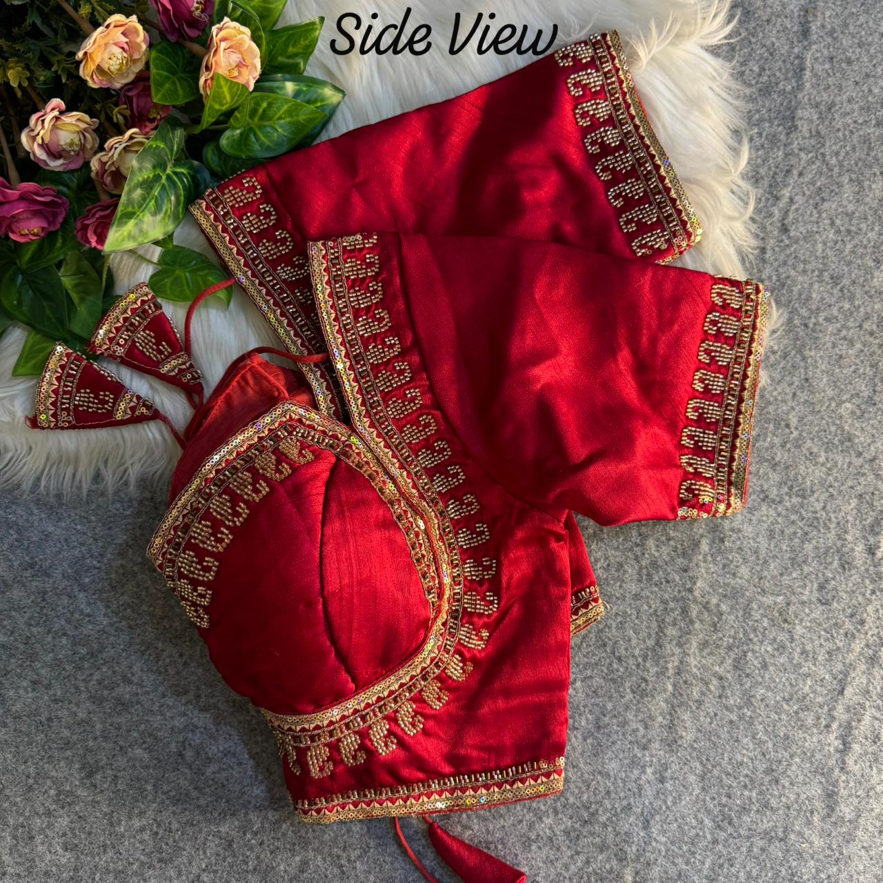 Readymade Pure Soft Italian Silk Beads Work Masaba Style Bridal Blouse ##color## Sleeveless Blouse with premium fabric and embroidery