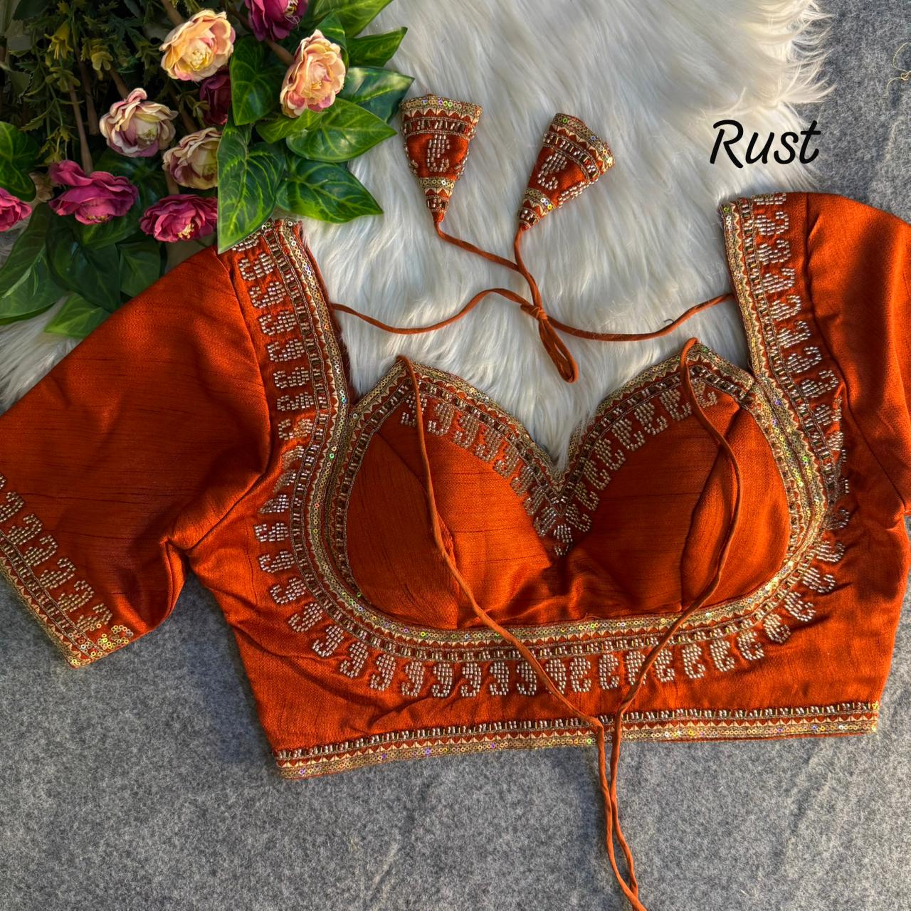 Readymade Pure Soft Italian Silk Beads Work Masaba Style Bridal Blouse ##color## Sleeveless Blouse with premium fabric and embroidery