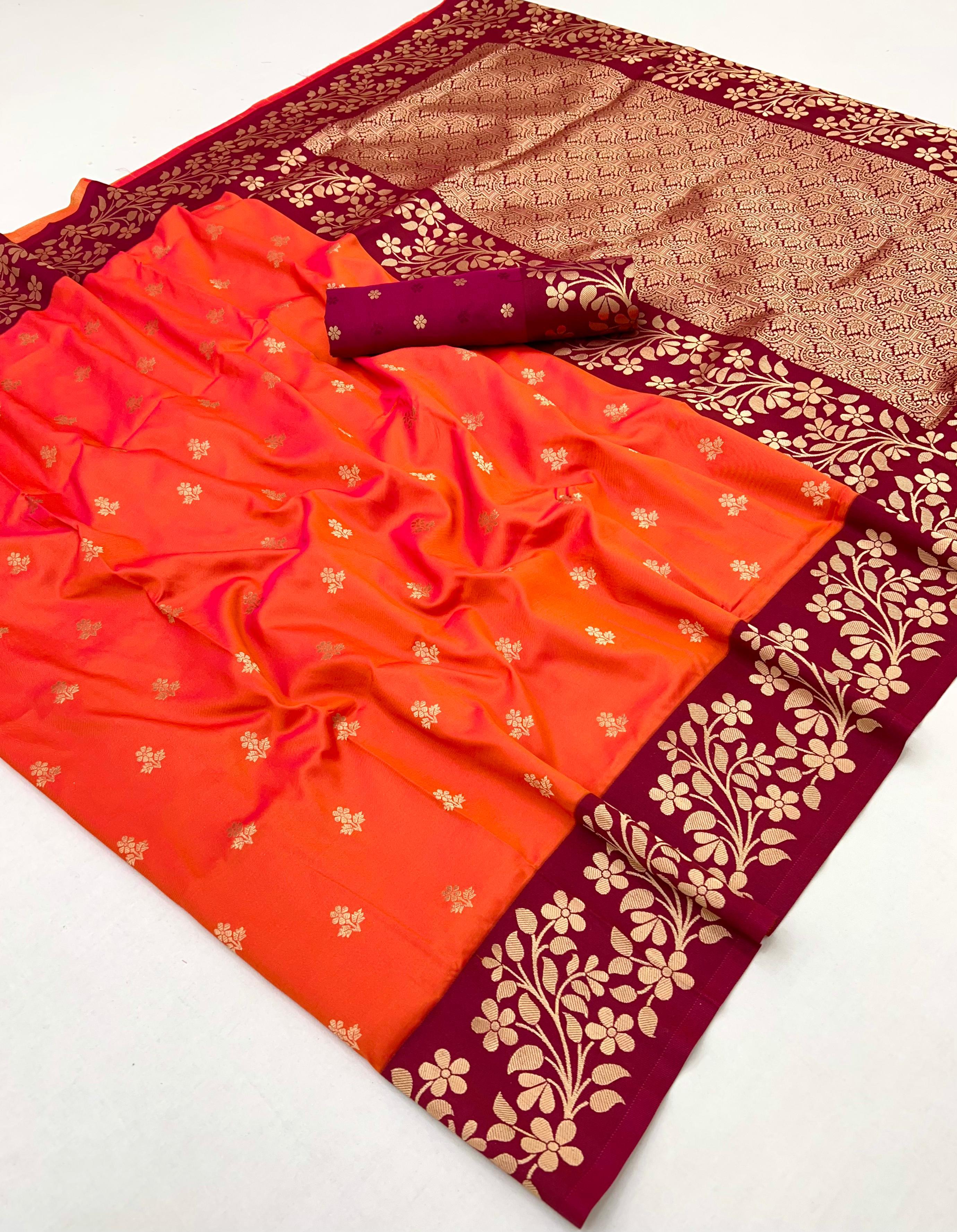 Orange Pure Soft Handloom Weaving Silk Saree ##color## Banarasi Saree with premium fabric and embroidery