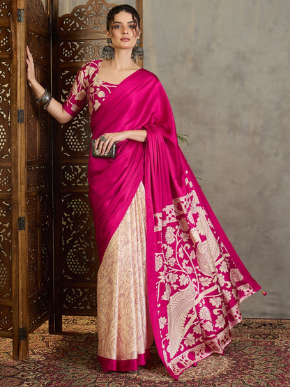 Pink Kalamkari Printed Satin Silk Saree 