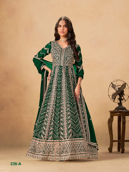 Green Pure Soft Faux Georgette Heavy Embroidery Work Long Anarkali Gown 