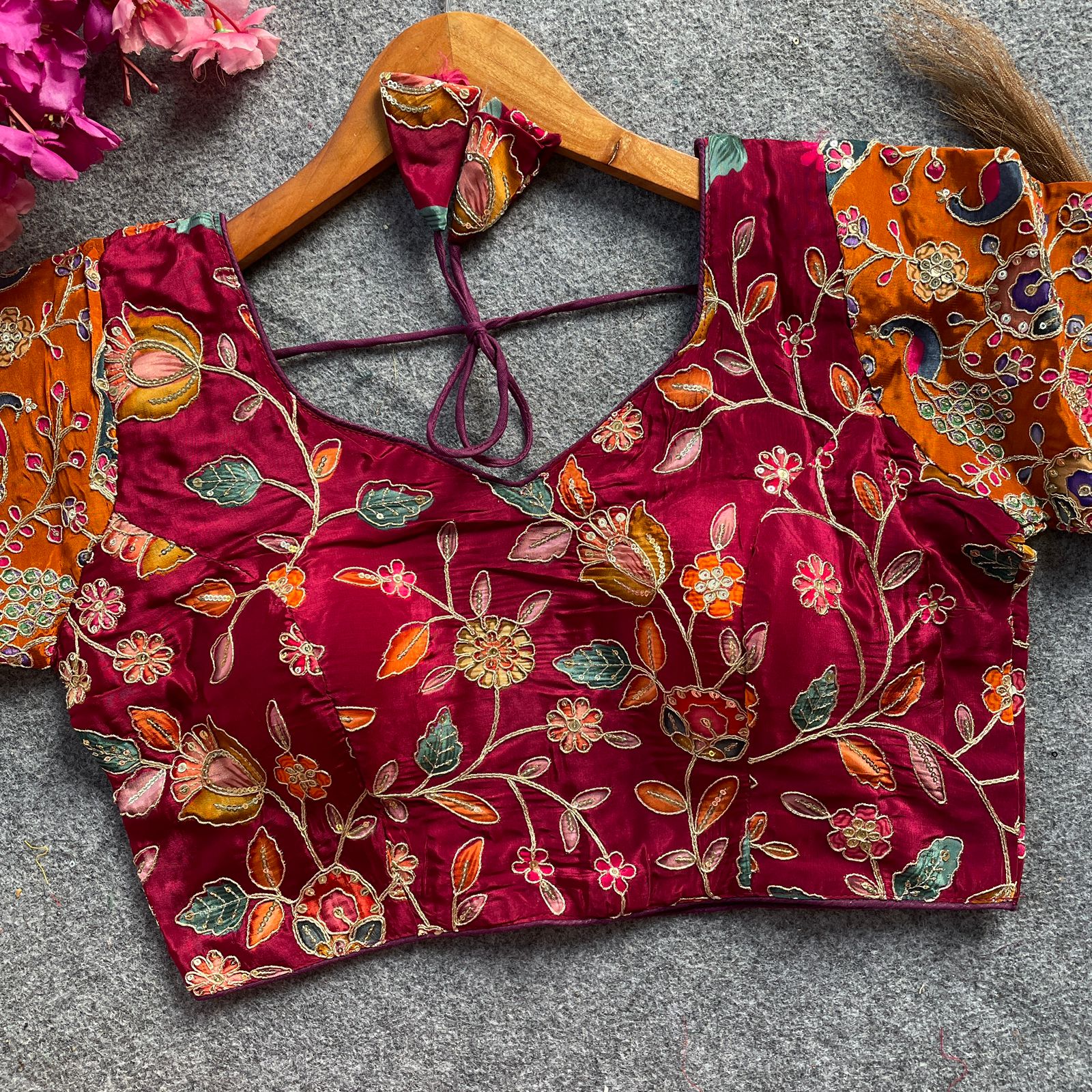 Readymade Pure Soft Crep Chinon Position Print Bridal Blouse ##color## Sleeveless Blouse with premium fabric and embroidery