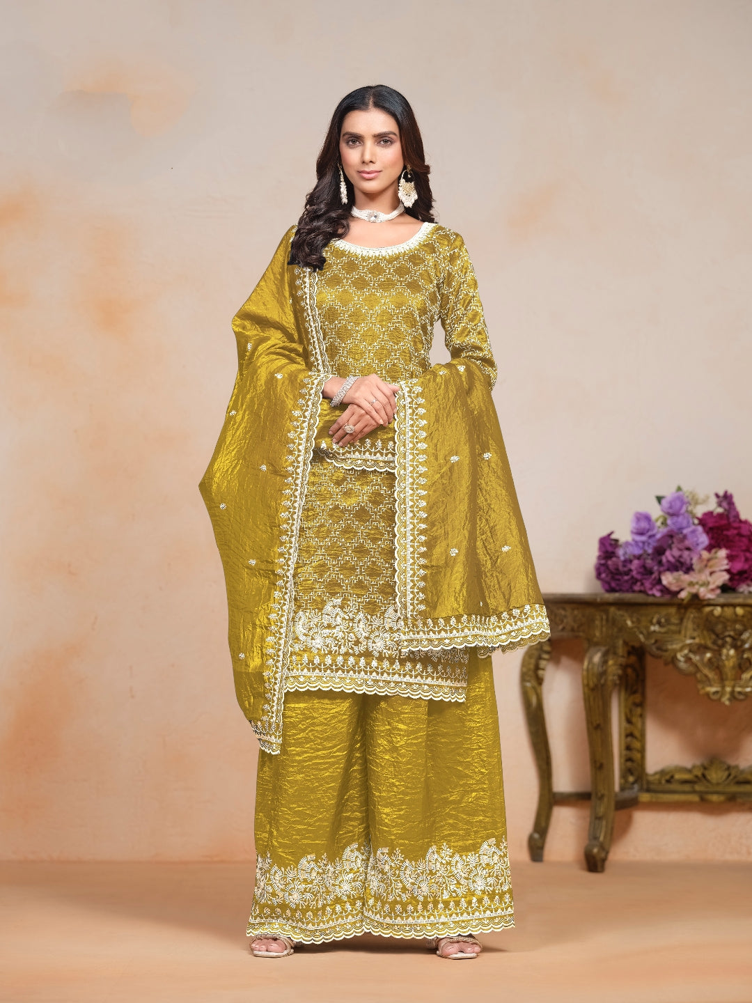 Yellow Pure Soft Gold Crush Heavy Thread Work Salwar Suit 