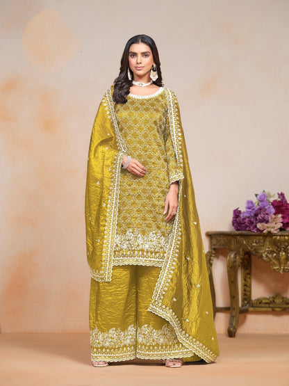 Yellow Pure Soft Gold Crush Heavy Thread Work Salwar Suit 