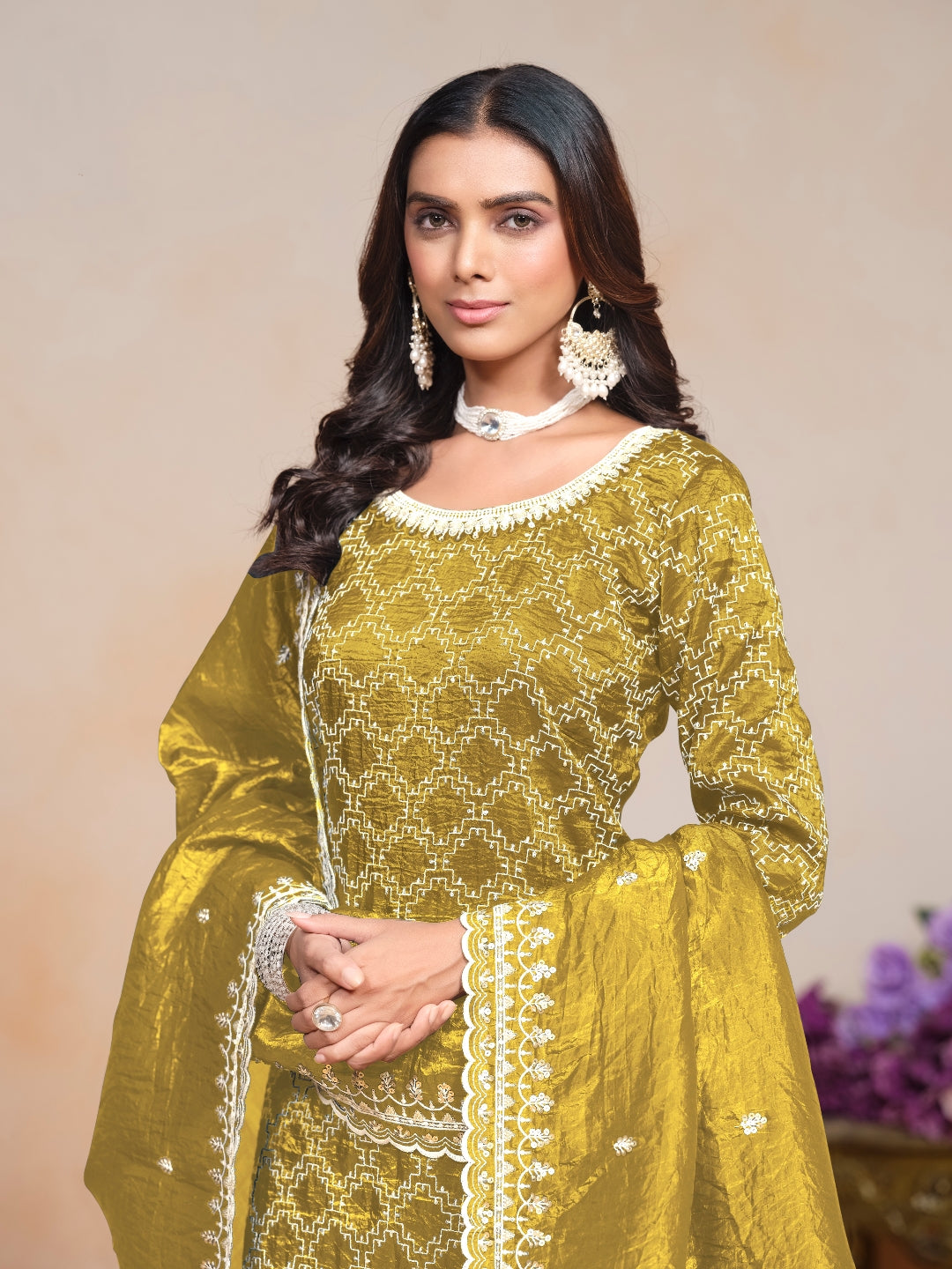 Yellow Pure Soft Gold Crush Heavy Thread Work Salwar Suit 