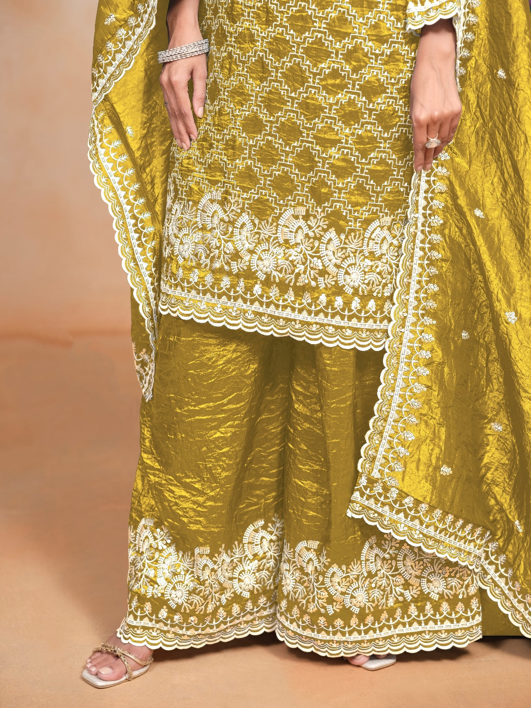 Yellow Pure Soft Gold Crush Heavy Thread Work Salwar Suit 