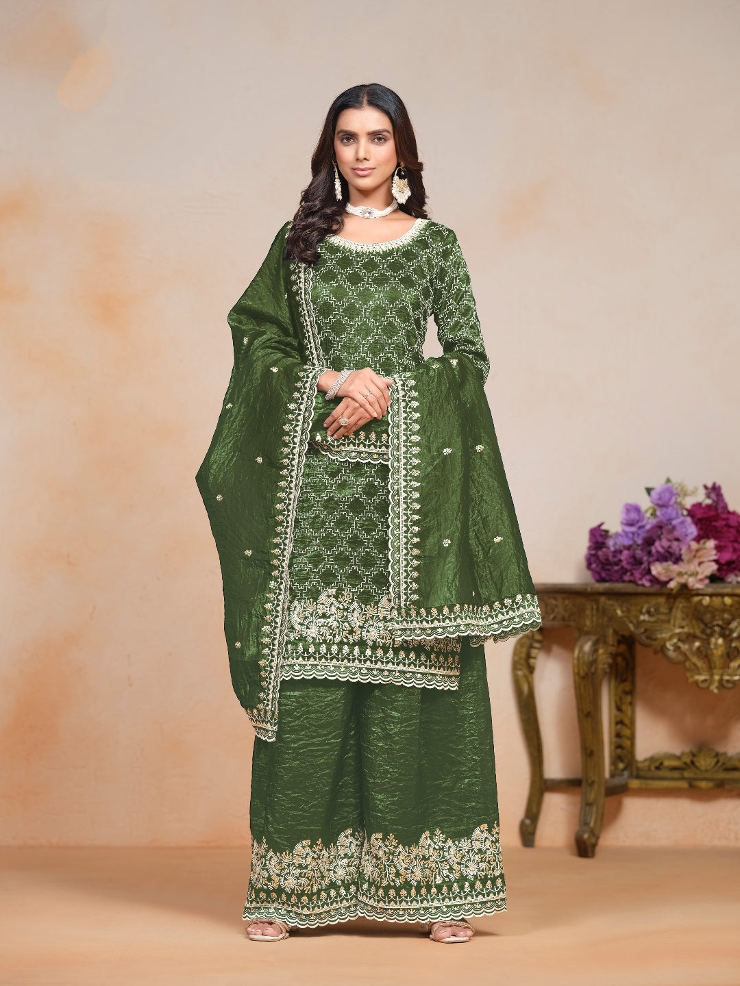 Green Pure Soft Gold Crush Heavy Thread Work Salwar Suit