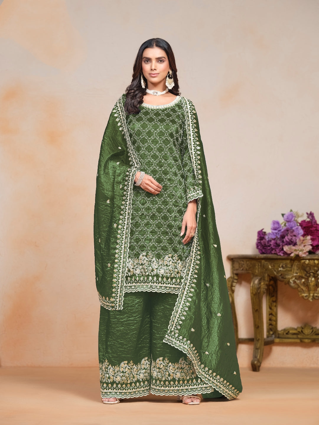 Green Pure Soft Gold Crush Heavy Thread Work Salwar Suit 