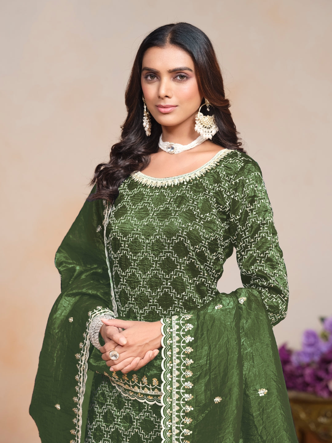 Green Pure Soft Gold Crush Heavy Thread Work Salwar Suit 