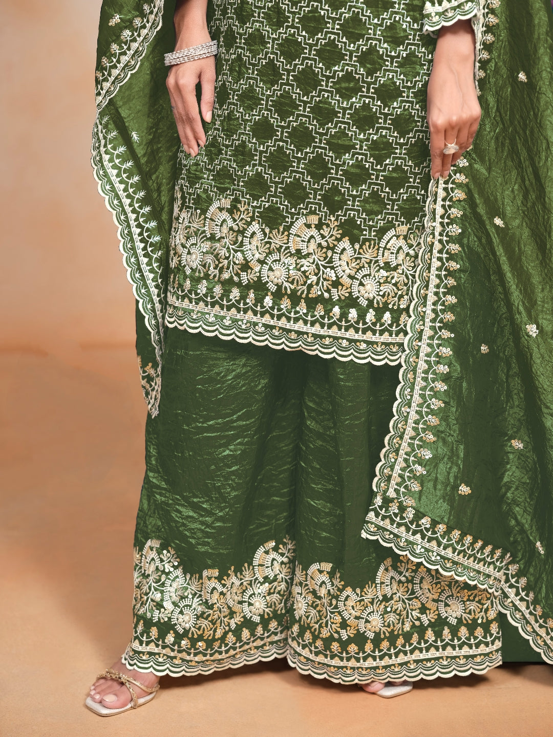 Green Pure Soft Gold Crush Heavy Thread Work Salwar Suit