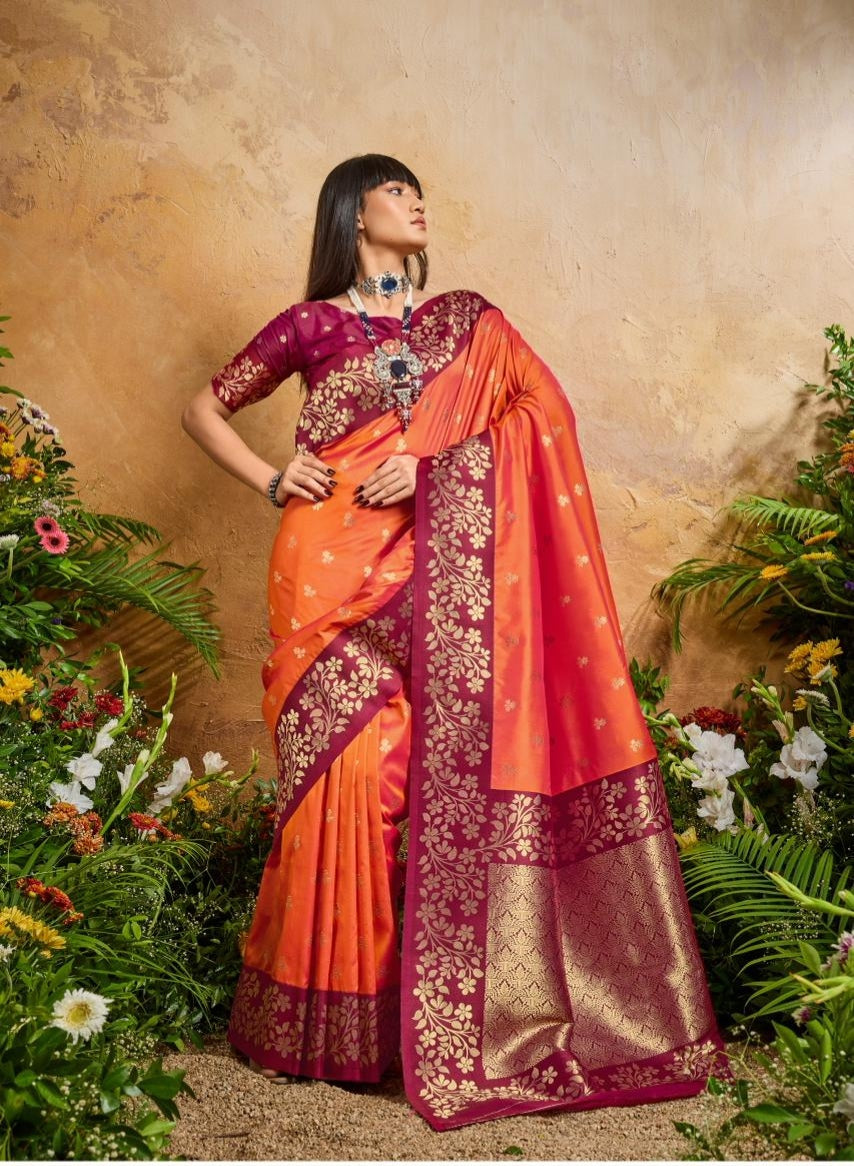Orange Pure Soft Handloom Weaving Silk Saree ##color## Banarasi Saree with premium fabric and embroidery