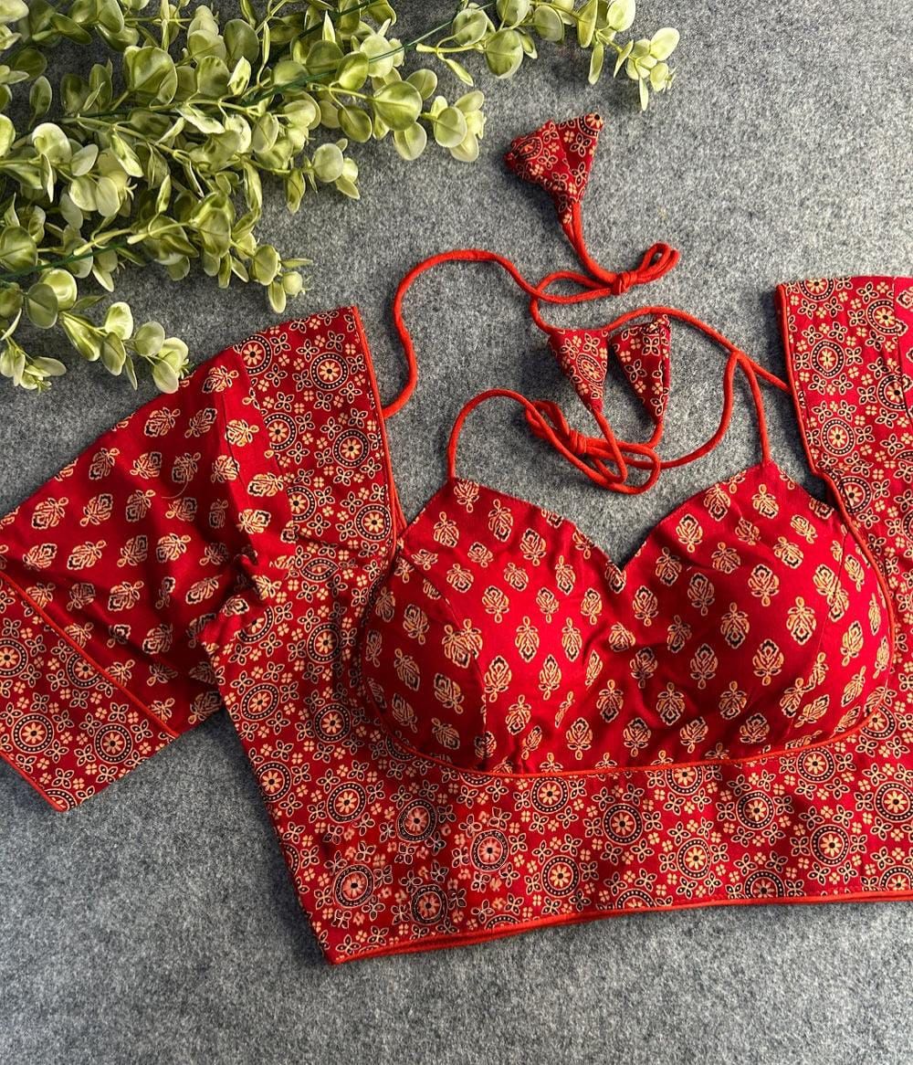 Readymade Pure Soft Cotton Ajarkh Print Cotton Halter Neck Blouse