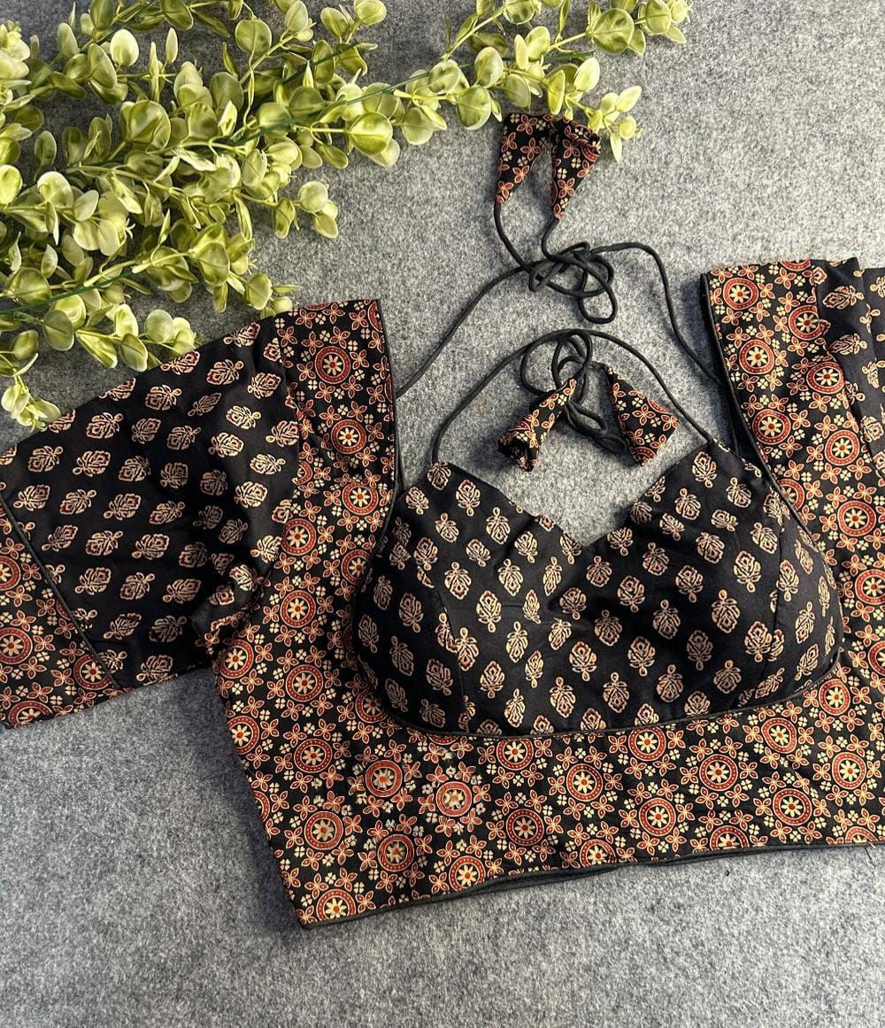 Readymade Pure Soft Cotton Ajarkh Print Cotton Halter Neck Blouse ##color## Sleeveless Blouse with premium fabric and embroidery