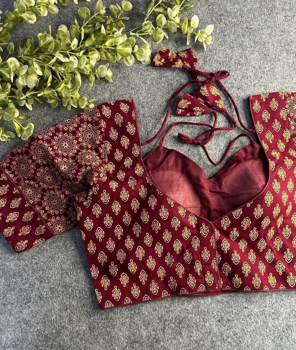 Readymade Pure Soft Cotton Ajarkh Print Halter Neck Blouse 