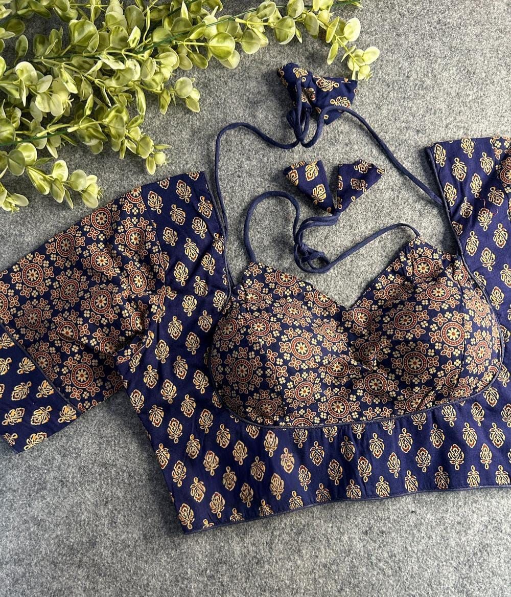 Readymade Pure Soft Cotton Ajarkh Print Halter Neck Blouse 