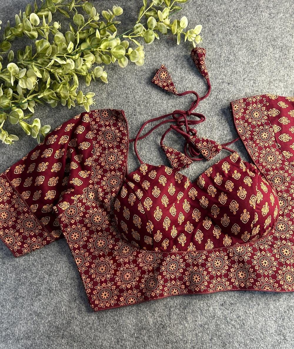 Readymade Pure Soft Cotton Ajarkh Print Cotton Halter Neck Blouse 