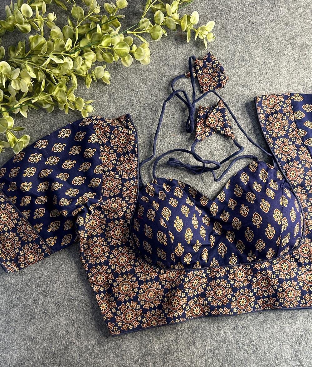 Readymade Pure Soft Cotton Ajarkh Print Cotton Halter Neck Blouse ##color## Sleeveless Blouse with premium fabric and embroidery