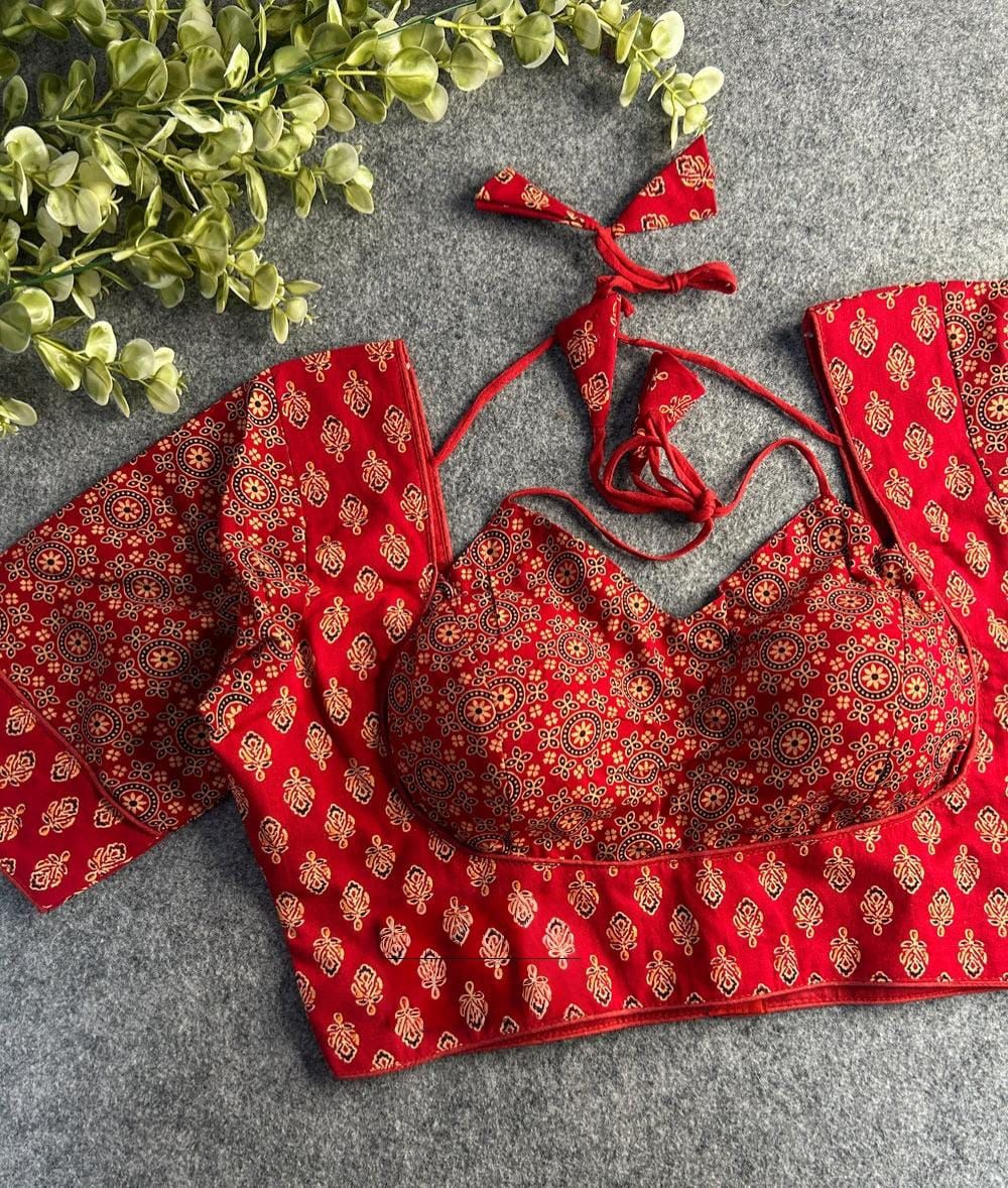 Readymade Pure Soft Cotton Ajarkh Print Halter Neck Blouse 