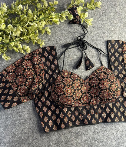 Readymade Pure Soft Cotton Ajarkh Print Halter Neck Blouse 