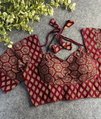Readymade Pure Soft Cotton Ajarkh Print Halter Neck Blouse 