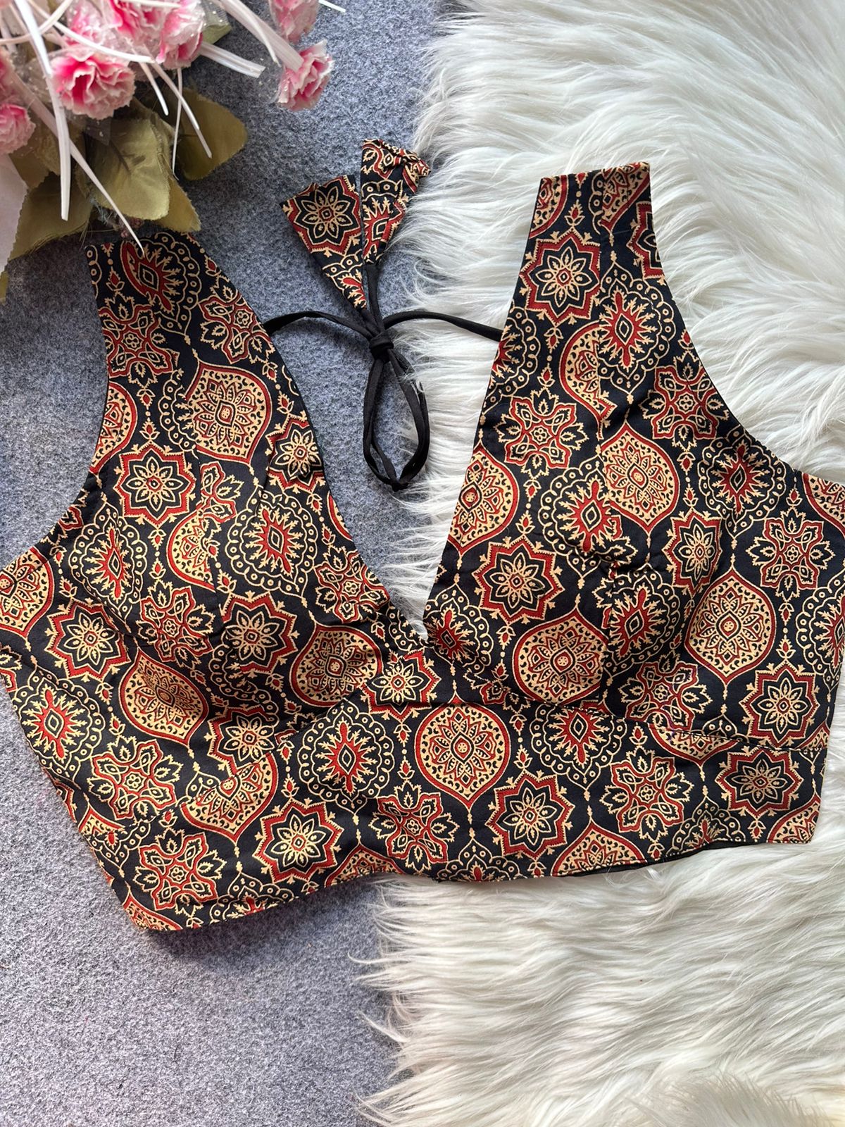 Readymade Pure Ajrakh Cotton Galaxy V Neck Sabyasachi Style Blous