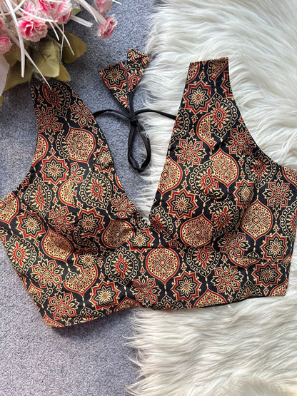 Readymade Pure Ajrakh Cotton Galaxy V Neck Sabyasachi Style Blous