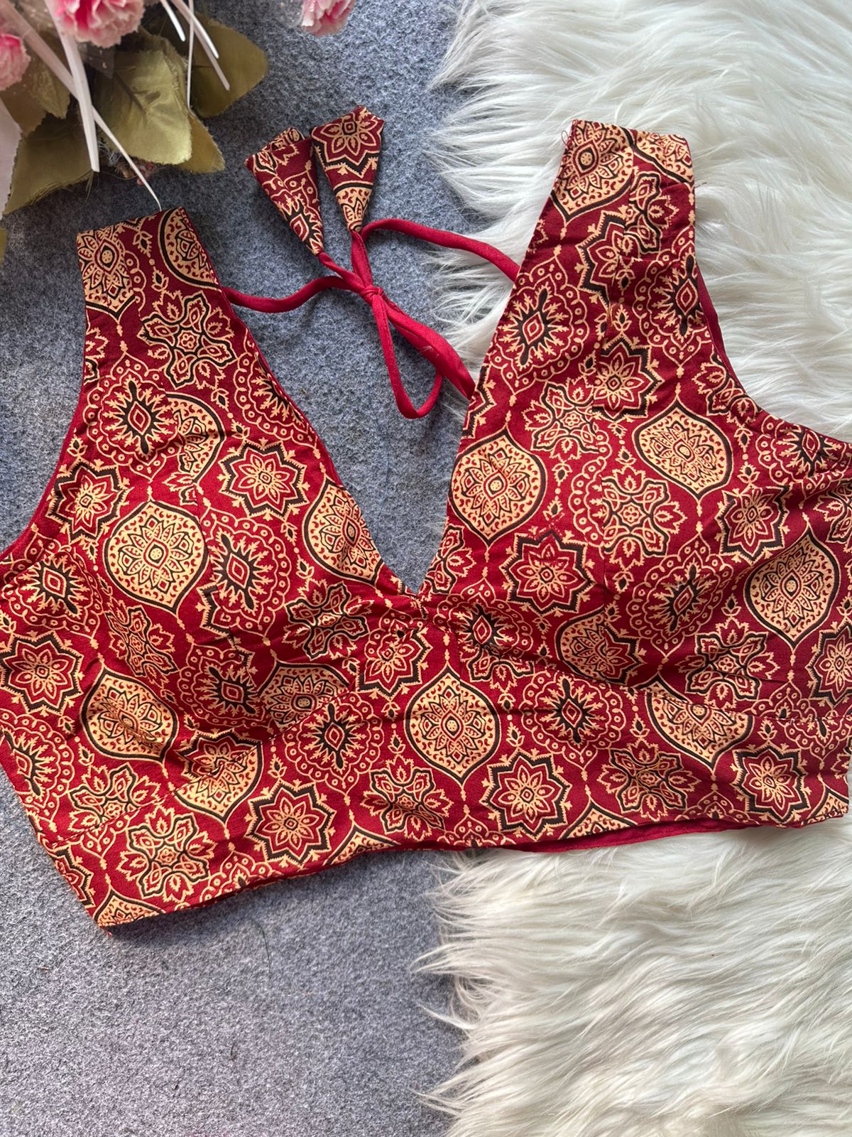 Readymade Pure Ajrakh Cotton Galaxy V Neck Sabyasachi Style Blous