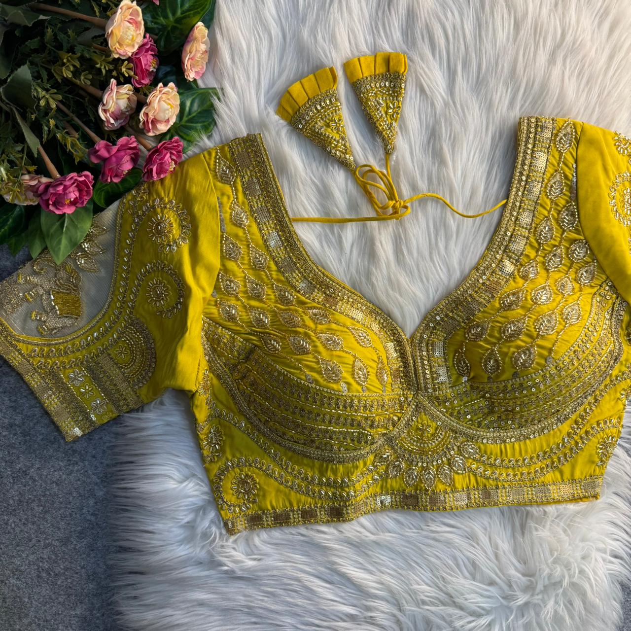 Readymade Pure Soft Roman Silk Heavy Beads Elephant Patch Work Bridal Blouse