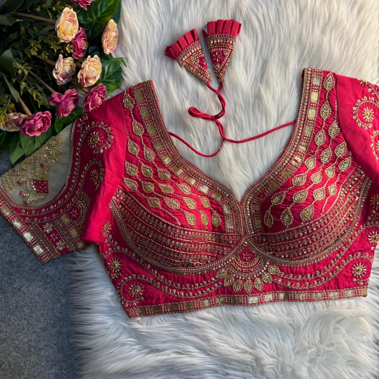 Readymade Pure Soft Roman Silk Heavy Beads Elephant Patch Work Bridal Blouse