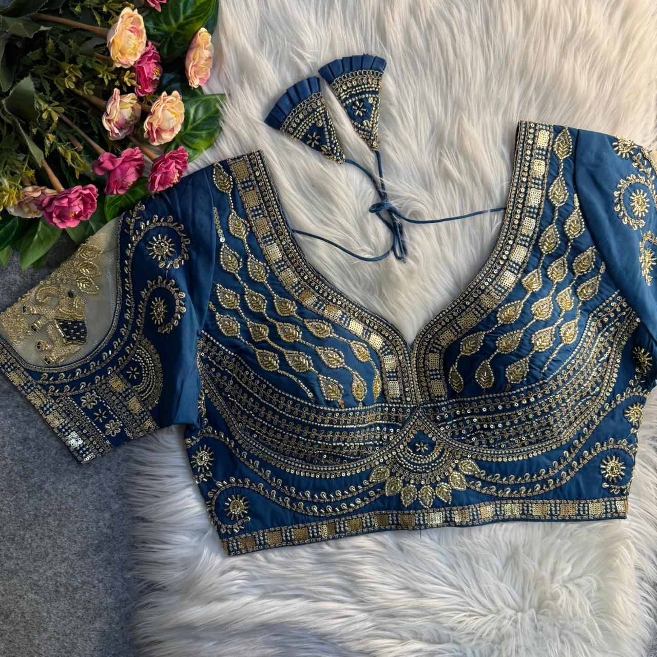 Readymade Pure Soft Roman Silk Heavy Beads Elephant Patch Work Bridal Blouse 