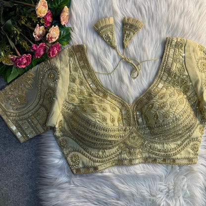 Readymade Pure Soft Roman Silk Heavy Beads Elephant Patch Work Bridal Blouse 