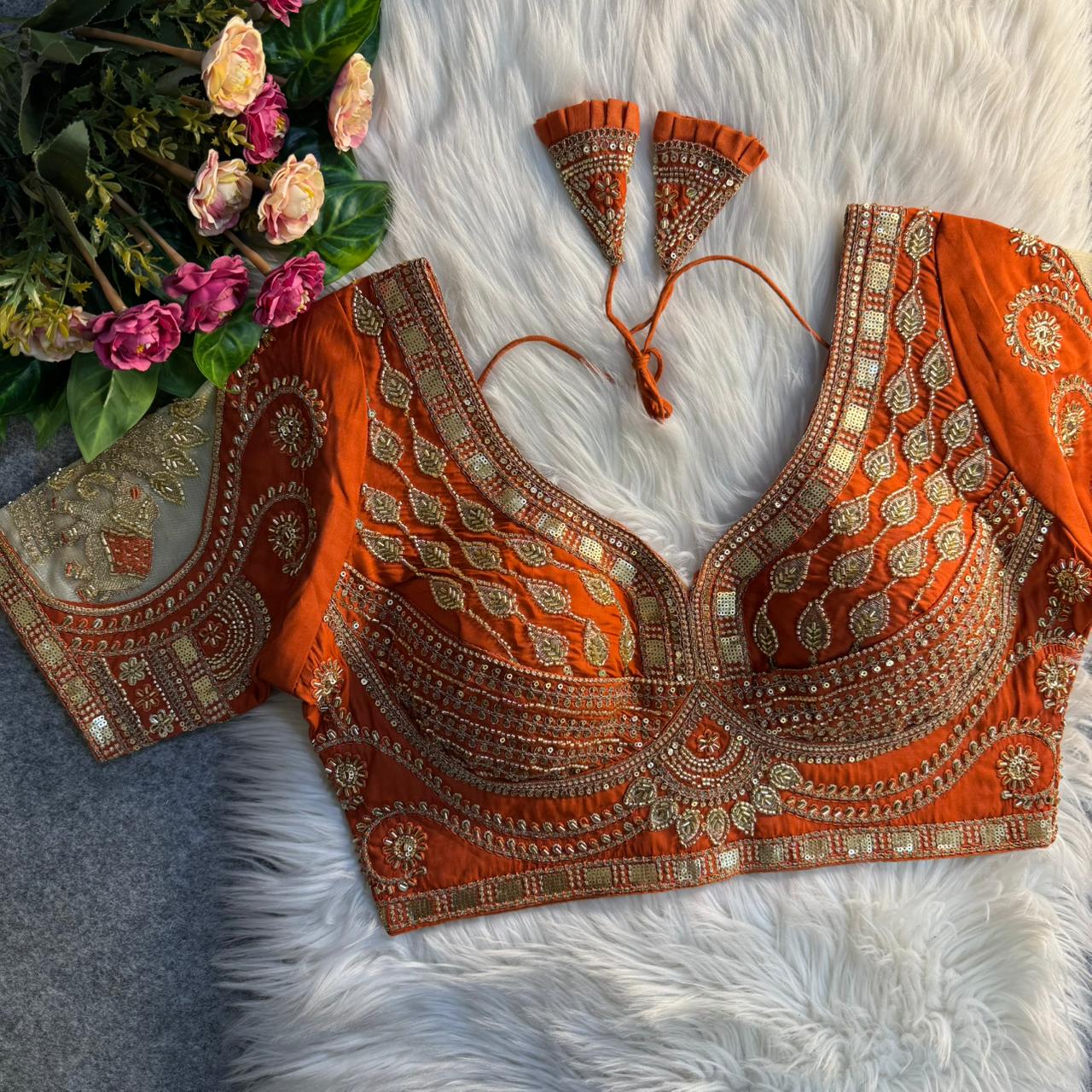 Readymade Pure Soft Roman Silk Heavy Beads Elephant Patch Work Bridal Blouse 